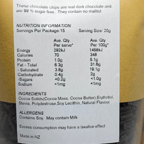 Chocolate Dark Chips 99% Sugar Free 300g
