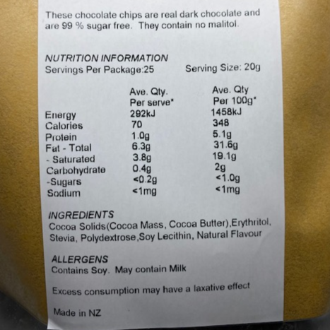 Chocolate Dark Chips 99% Sugar Free 500g