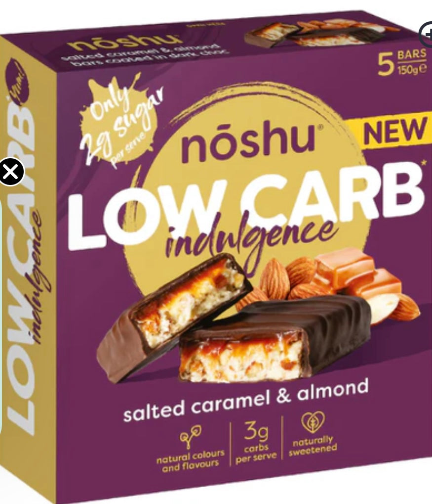 Noshu Indulgence Low Carb Salted Caramel & Almond Bars, Box of 5 Bars