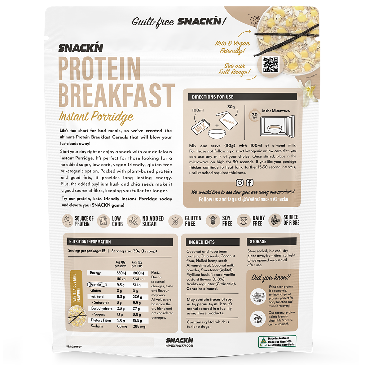 Snackn' Protein Instant Porridge Vanilla Custard Flavour - 450g