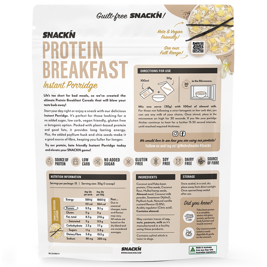 Snackn' Protein Instant Porridge Vanilla Custard Flavour - 450g