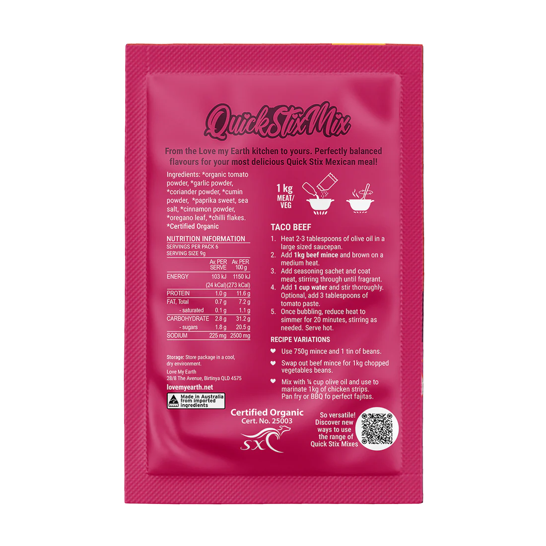 QuickStixMix Taco Organic Recipe Base 55 gram