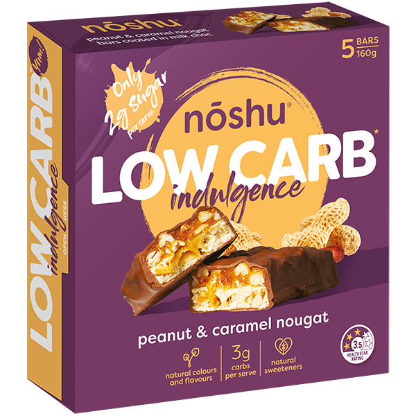 Noshu Indulgence Low Carb Peanut & Caramel Nougat Bars , Box of 5 Bars