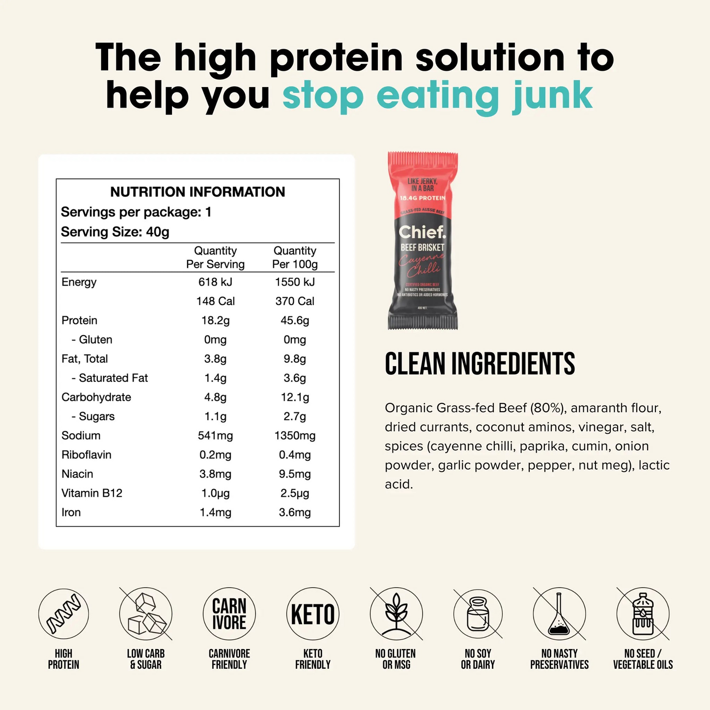 Organic Beef Bars - Cayenne Chilli 40 gram